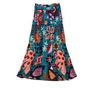 Farm Rio for Anthropologie Turquoise Tropical Print Textured Maxi Skirt L NEW